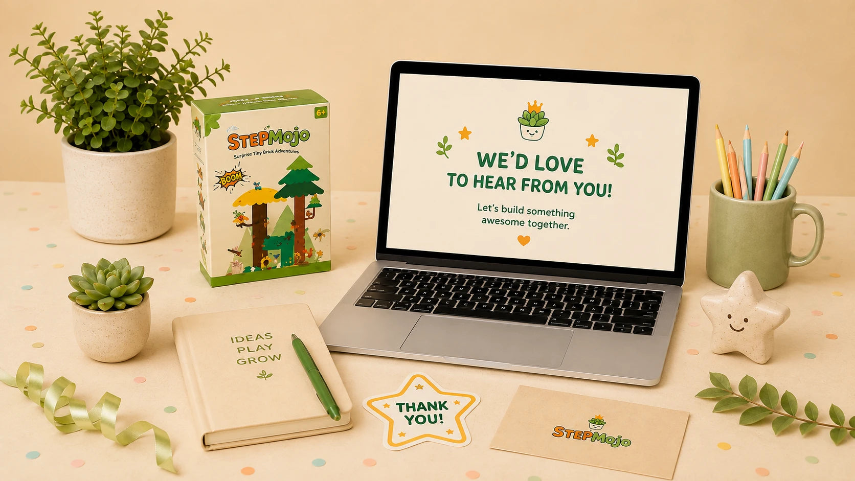 A koala with thoughtful party gifts and a tiny flower build