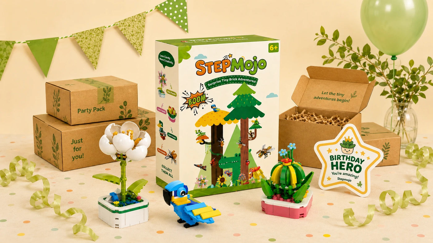 StepMojo Party Pack gift packaging and tiny brick builds